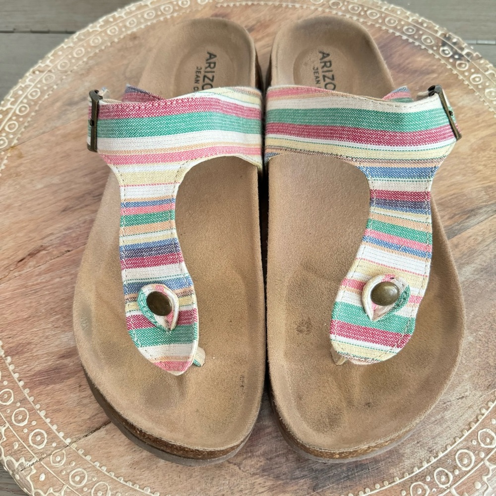 Arizona Jean Co French T-Strap Cork Bed Multicolor‎ Striped Sandals 8 M AZ